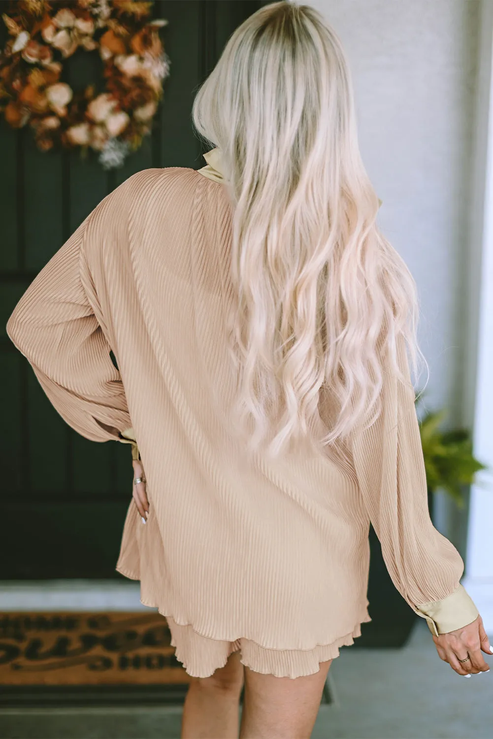 3/4 Sleeves Pleated Shirt and High Waist Shorts Lounge Set