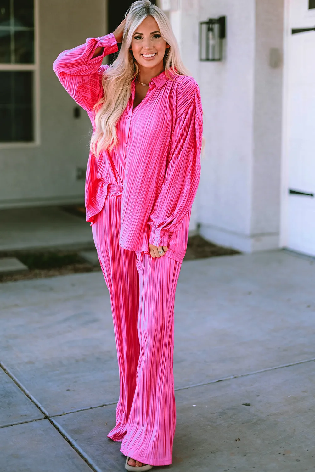 3/4 Sleeves Pleated Shirt and High Waist Shorts Lounge Set