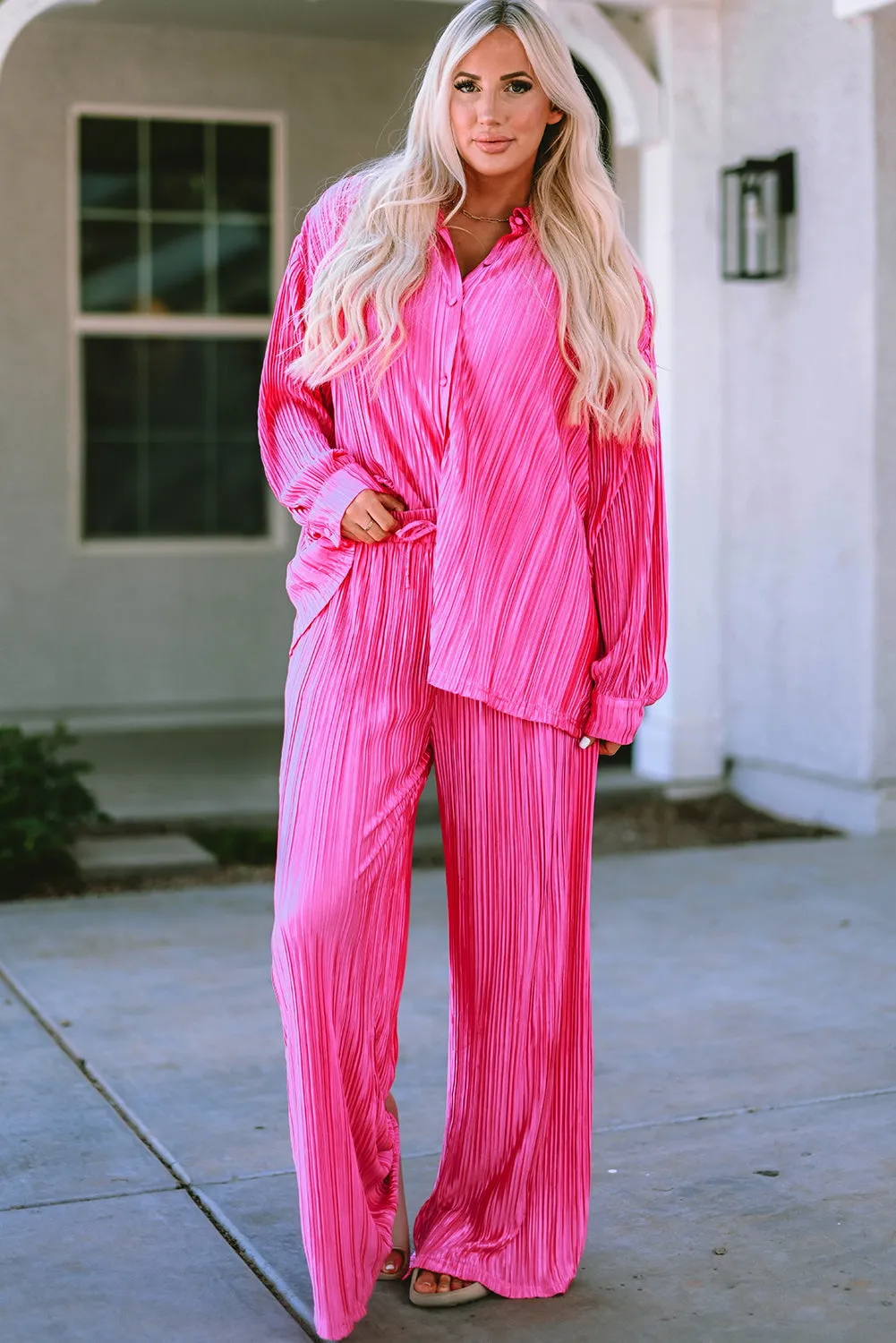3/4 Sleeves Pleated Shirt and High Waist Shorts Lounge Set