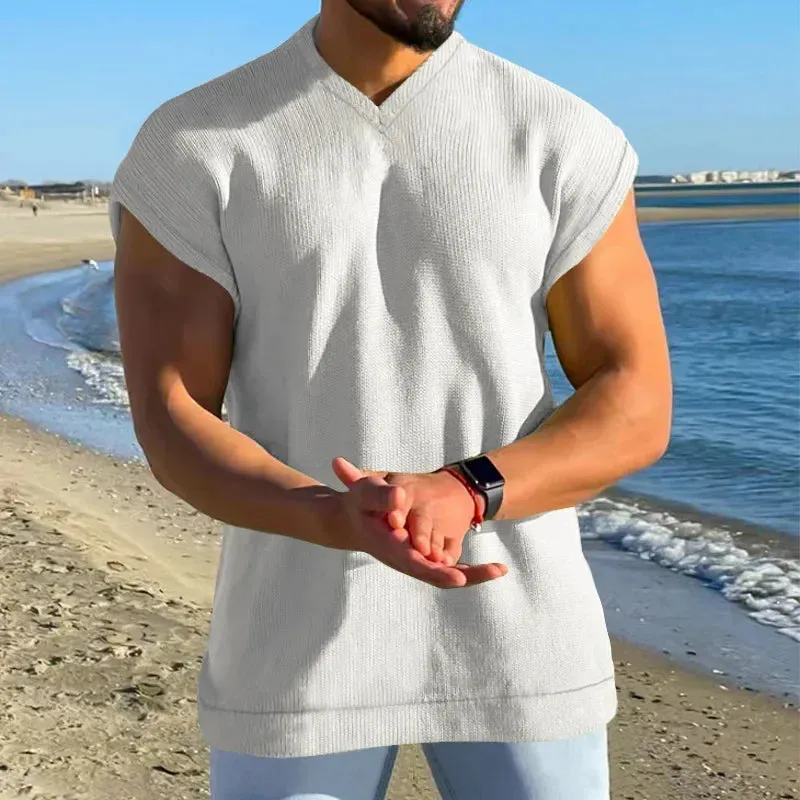 Aidase Man White Blue Sleeveless T-shirt Summer V-neck Tshirt Xxxl Casual Fit Tank Top Male Waffle Fabric Boys Plus Size Tee Shirt