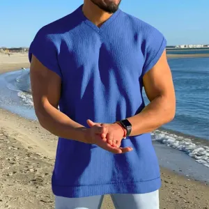Aidase Man White Blue Sleeveless T-shirt Summer V-neck Tshirt Xxxl Casual Fit Tank Top Male Waffle Fabric Boys Plus Size Tee Shirt