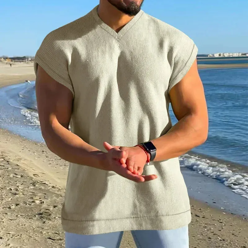 Aidase Man White Blue Sleeveless T-shirt Summer V-neck Tshirt Xxxl Casual Fit Tank Top Male Waffle Fabric Boys Plus Size Tee Shirt
