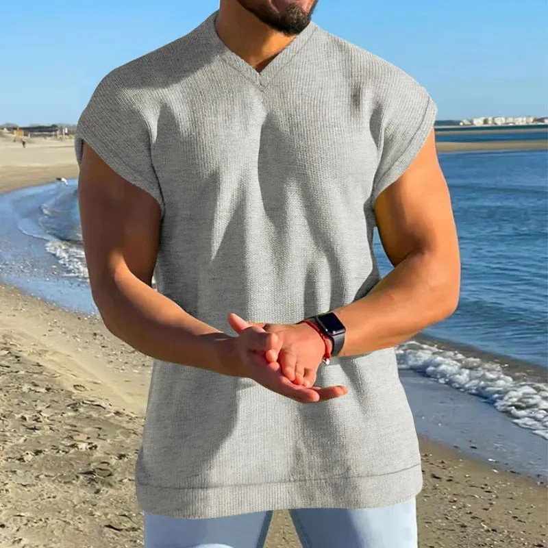 Aidase Man White Blue Sleeveless T-shirt Summer V-neck Tshirt Xxxl Casual Fit Tank Top Male Waffle Fabric Boys Plus Size Tee Shirt