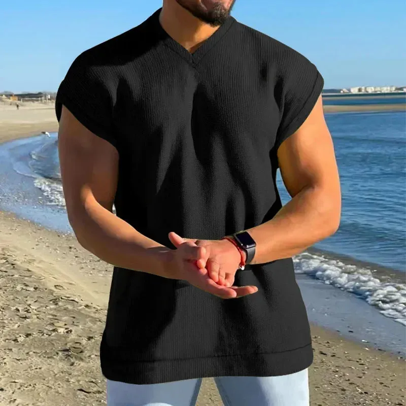 Aidase Man White Blue Sleeveless T-shirt Summer V-neck Tshirt Xxxl Casual Fit Tank Top Male Waffle Fabric Boys Plus Size Tee Shirt