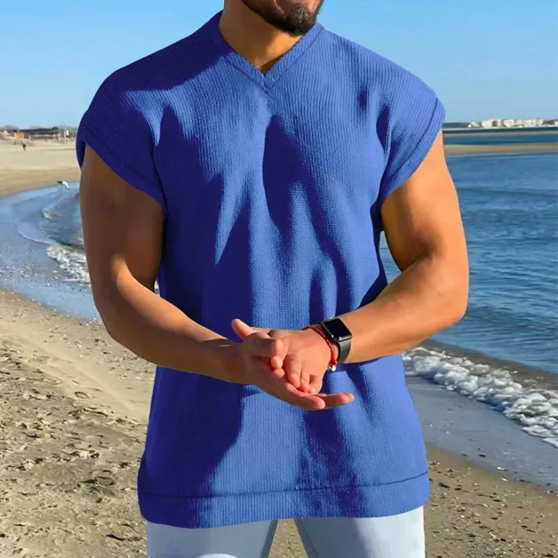 Aidase Man White Blue Sleeveless T-shirt Summer V-neck Tshirt Xxxl Casual Fit Tank Top Male Waffle Fabric Boys Plus Size Tee Shirt
