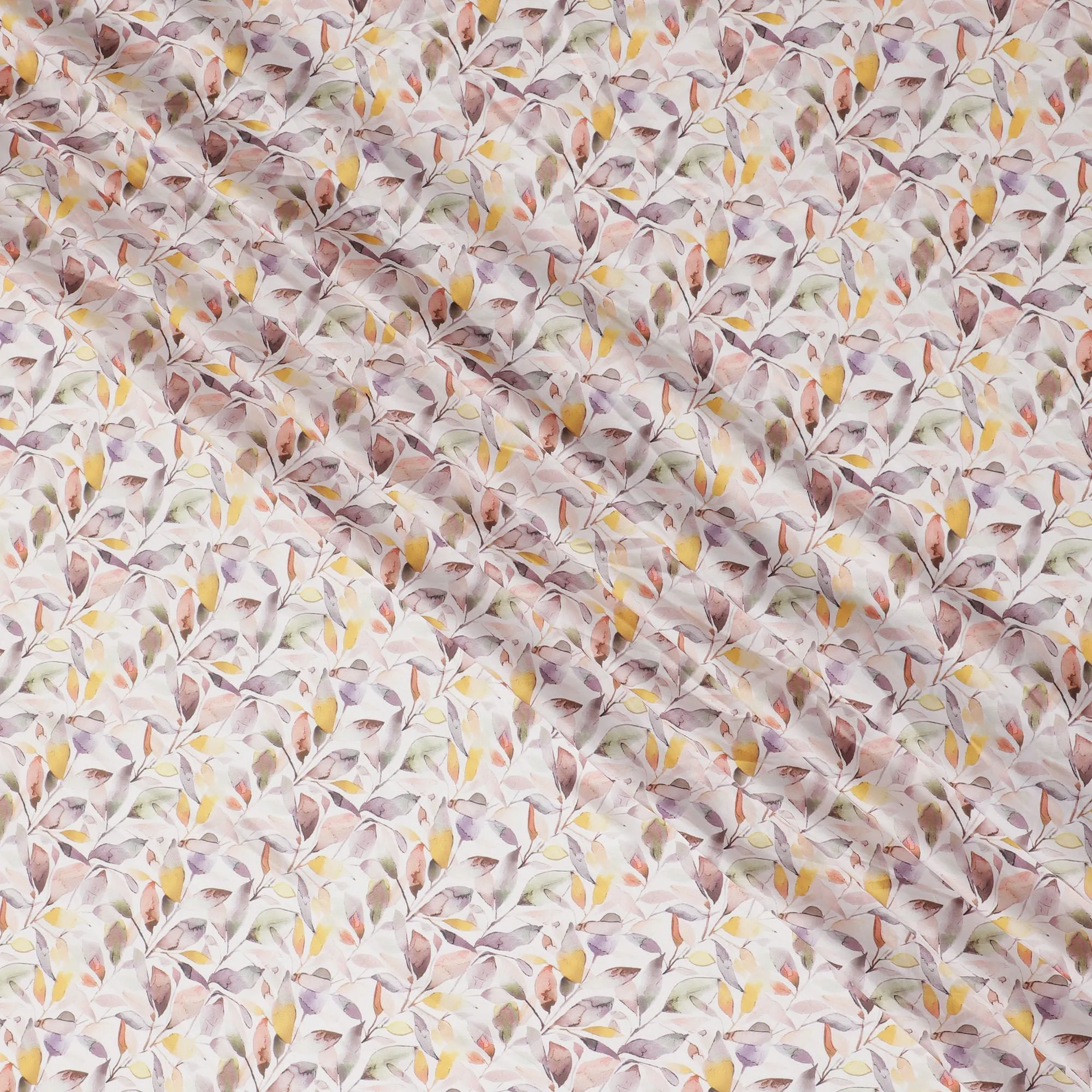 Autumn Leaves Print Synthetic Modal Satin Fabric - Soft Pastel, 110cm - Buy Online-D17972