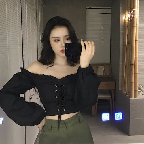 Black Off Shoulder Long Sleeve Top