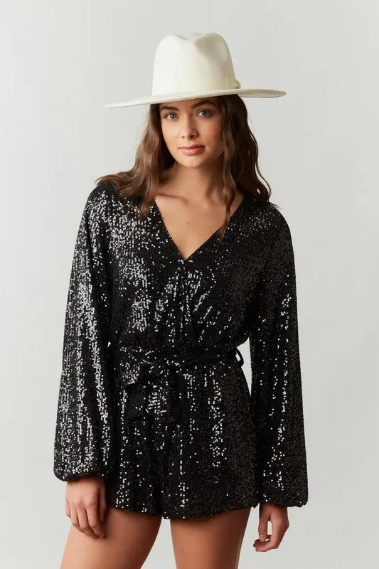 Black Sequin Wrap Romper