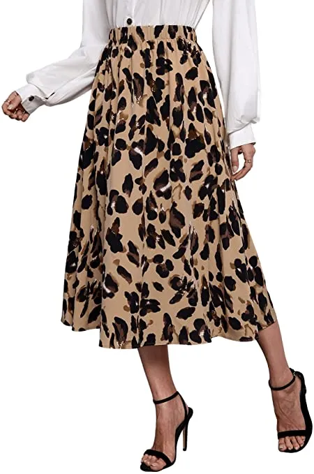 Brown Leopard High Elastic Waist Ruffle Pleated Midi Skirt