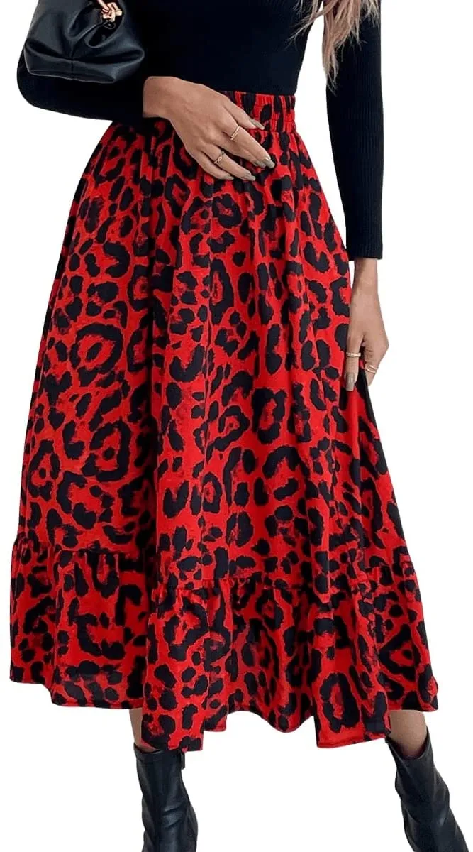 Brown Leopard High Elastic Waist Ruffle Pleated Midi Skirt