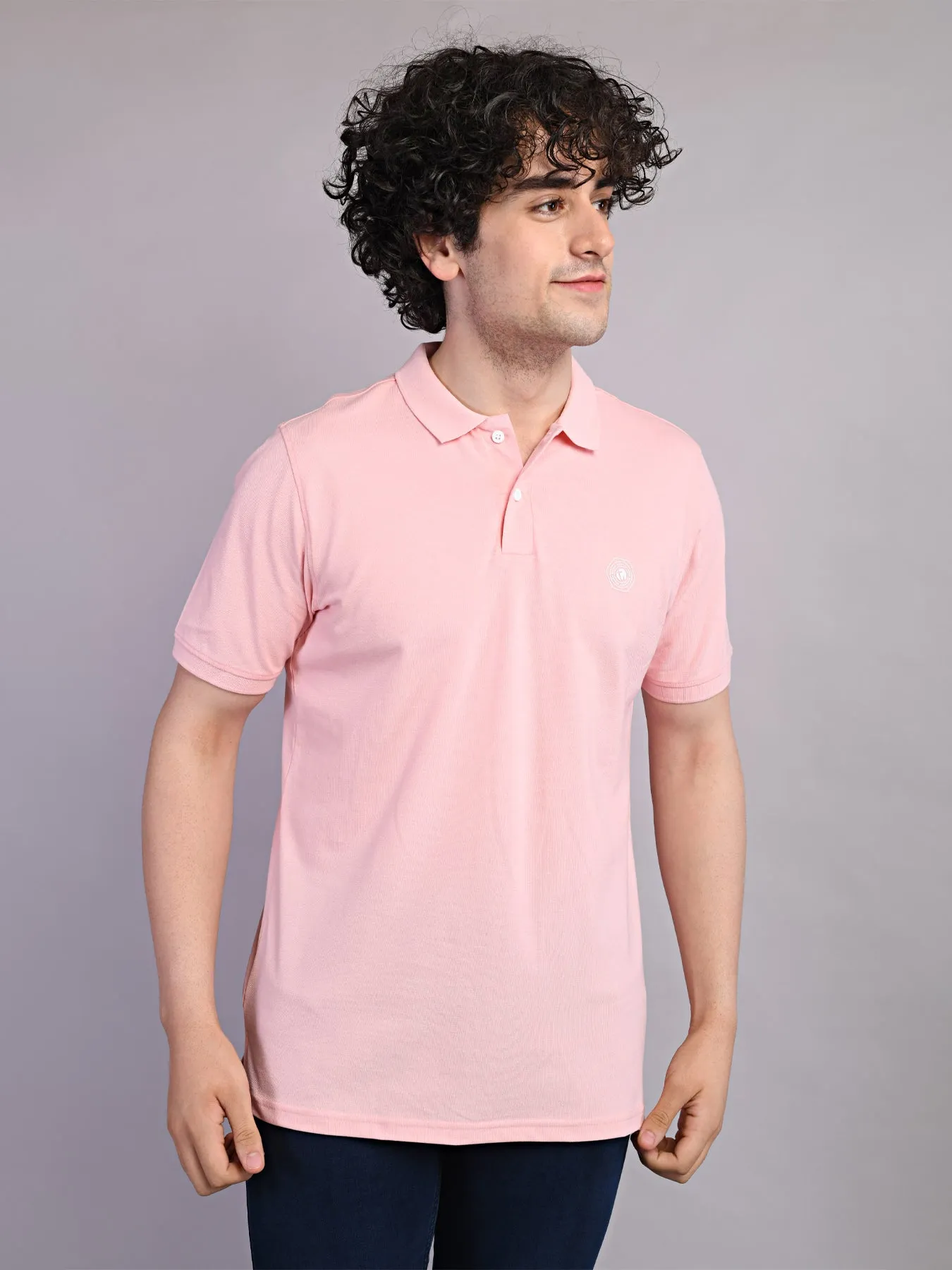 Cotton Pink Printed Polo Neck Half Sleeve Casual T-Shirt