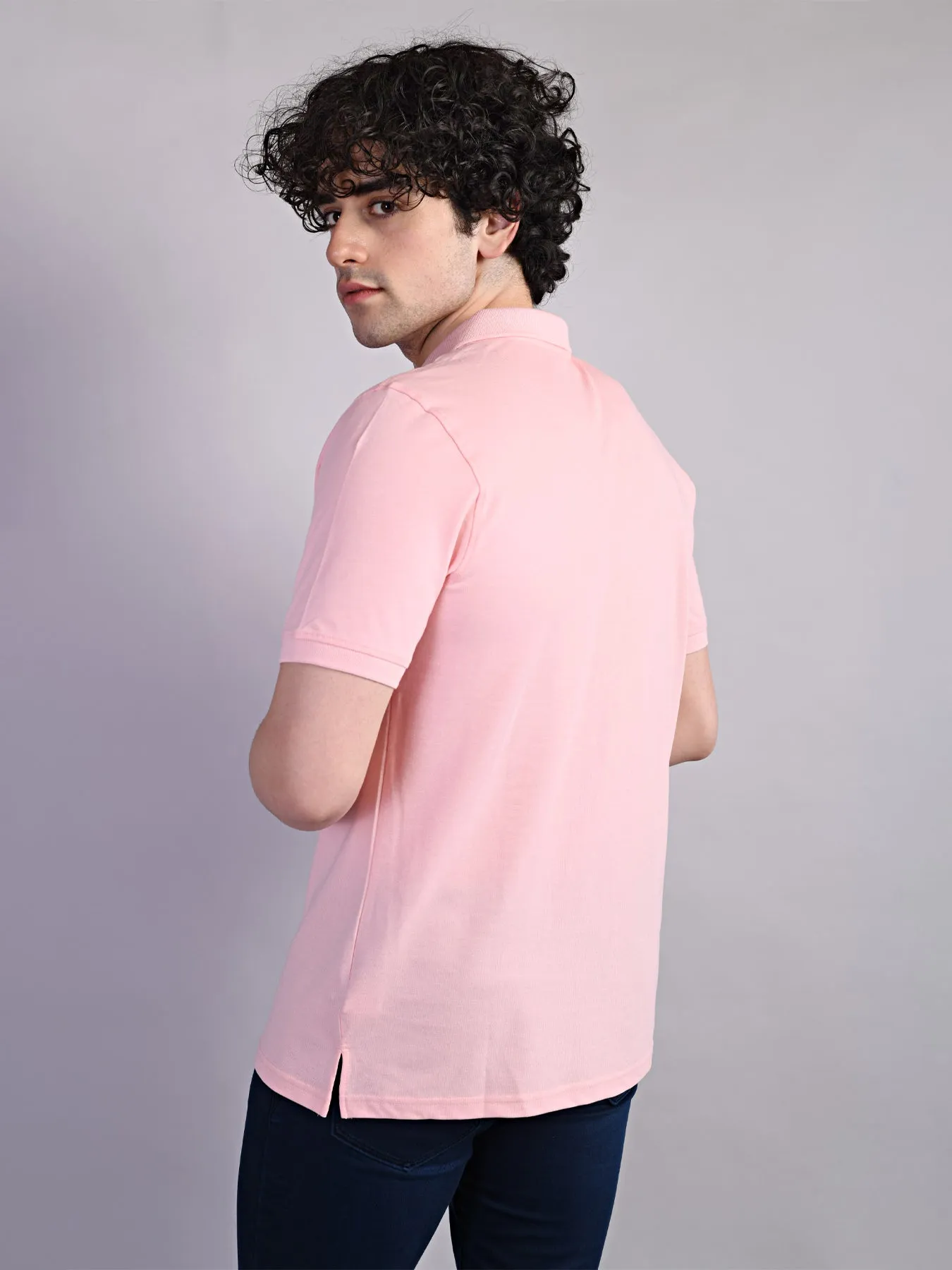 Cotton Pink Printed Polo Neck Half Sleeve Casual T-Shirt