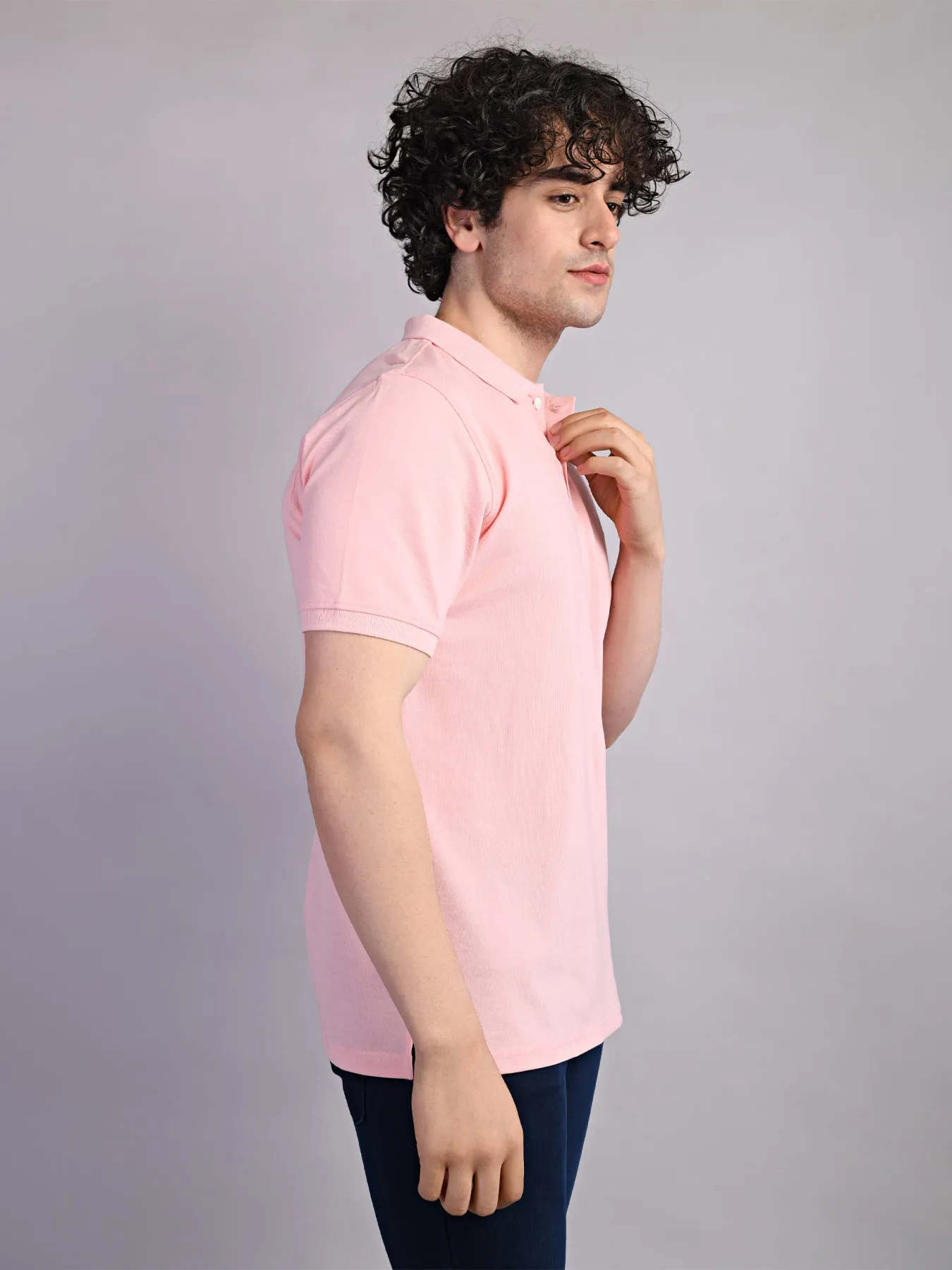 Cotton Pink Printed Polo Neck Half Sleeve Casual T-Shirt
