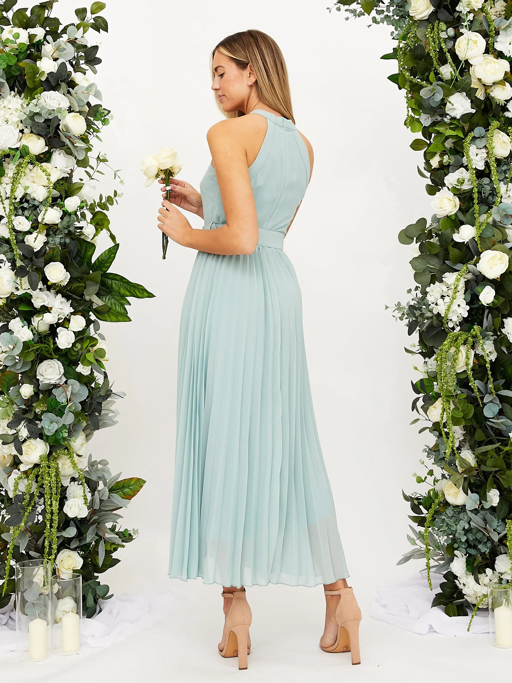 Cross Neck Pleated Midaxi Chiffon Dress / Sage