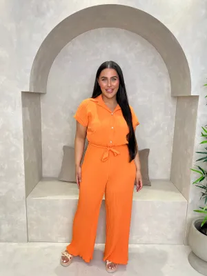 Curve Orange Ribbed Effect Belted Jumpsuit