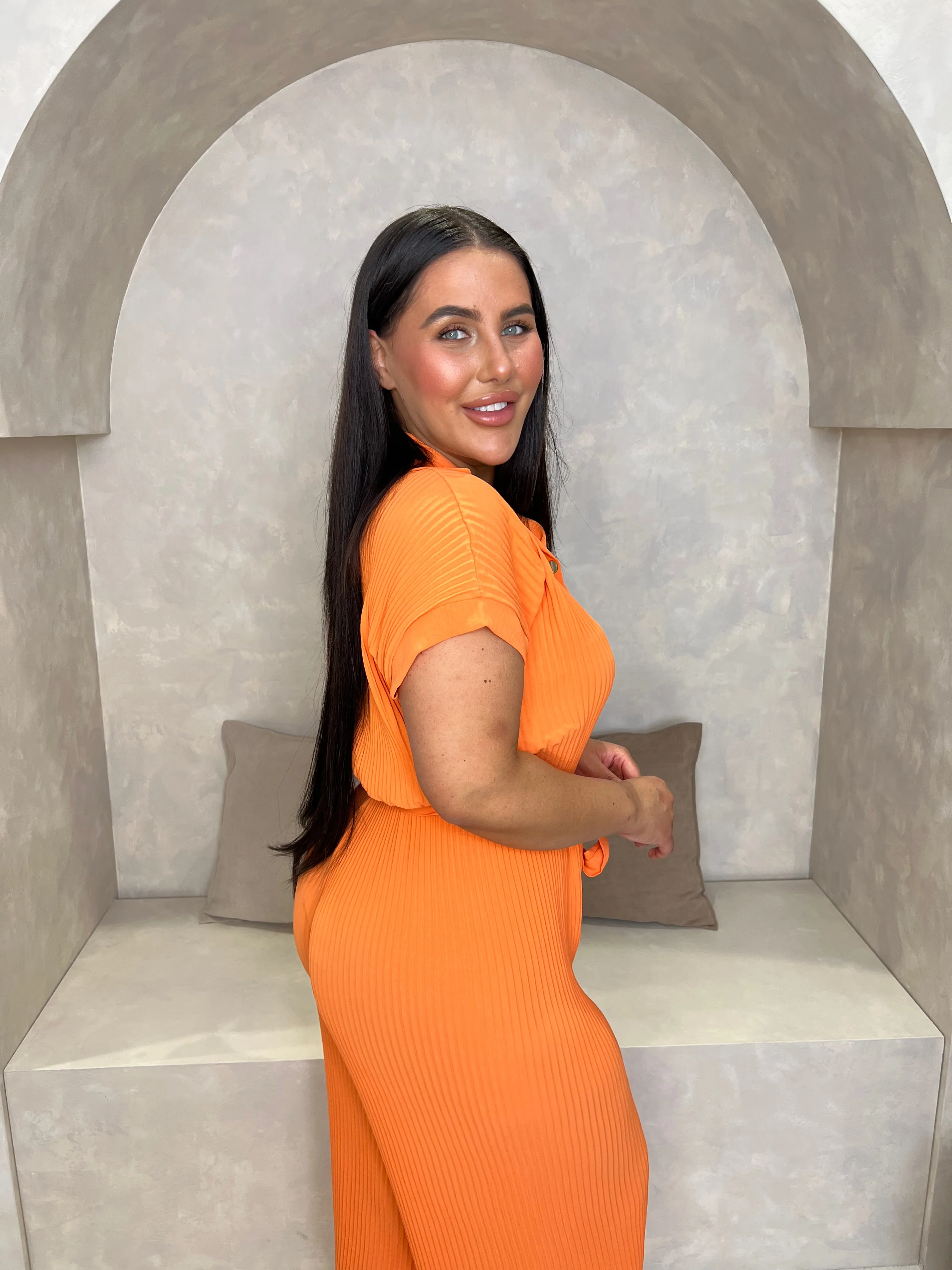 Curve Orange Ribbed Effect Belted Jumpsuit