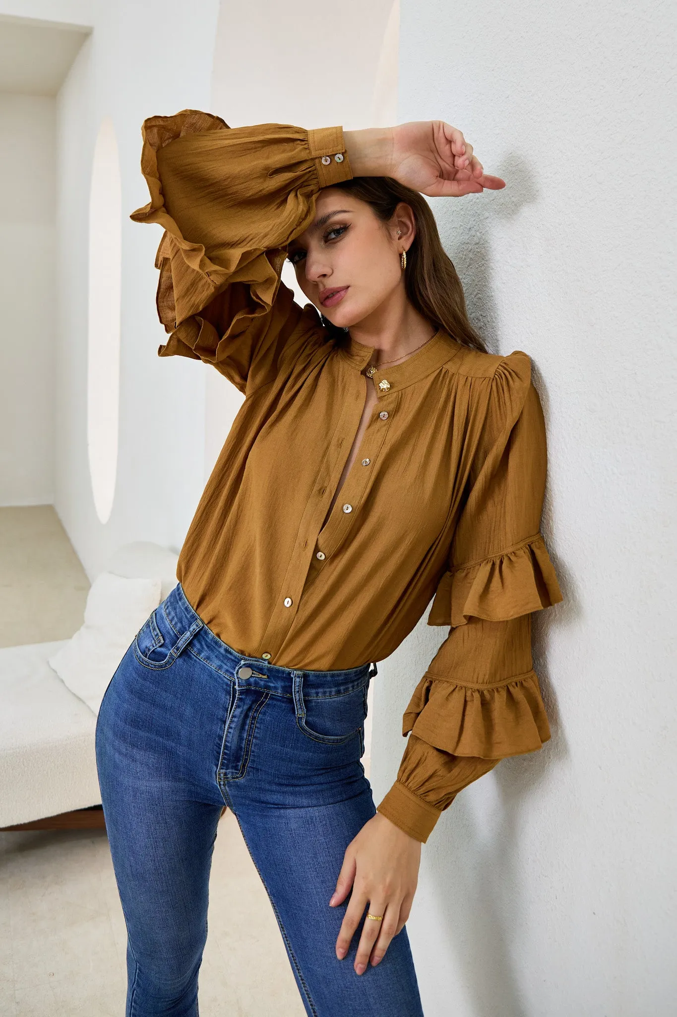 Elissa Tan Brown Ruffle Sleeve Blouse