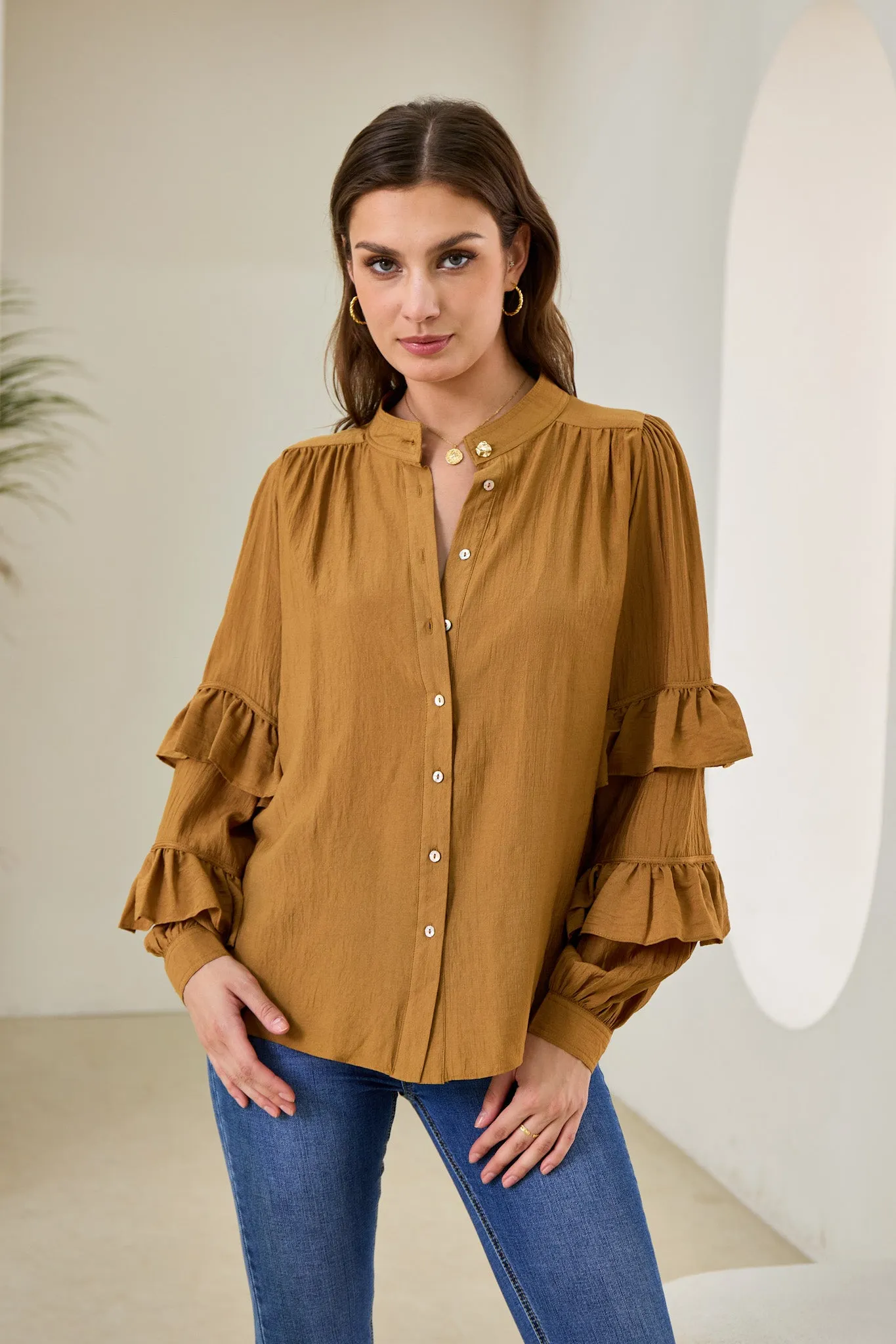 Elissa Tan Brown Ruffle Sleeve Blouse