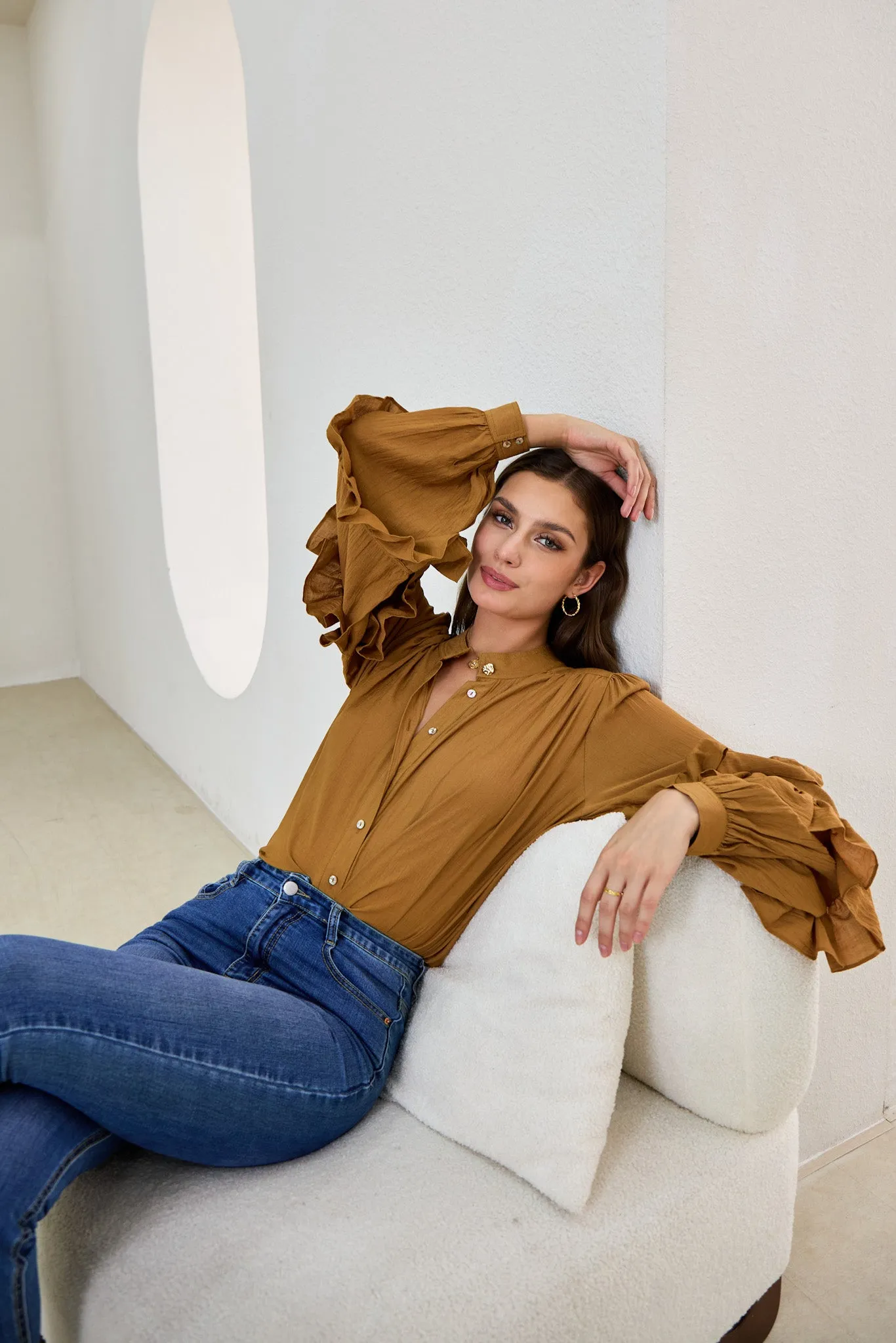 Elissa Tan Brown Ruffle Sleeve Blouse