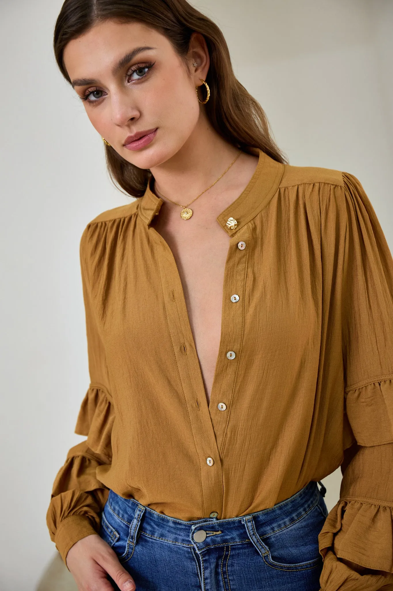 Elissa Tan Brown Ruffle Sleeve Blouse