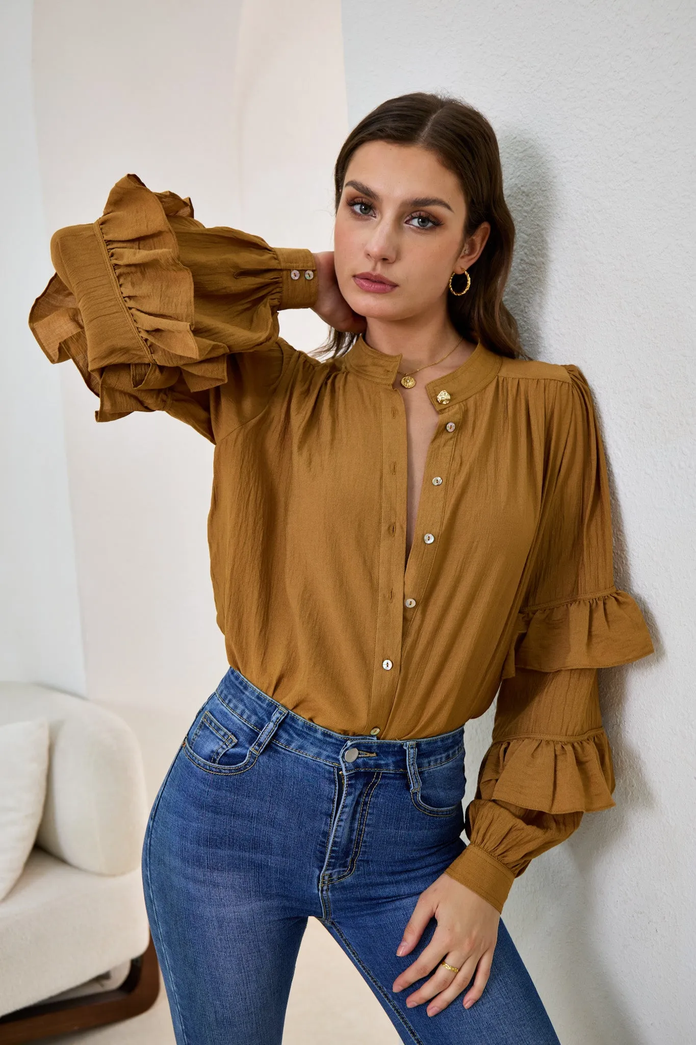 Elissa Tan Brown Ruffle Sleeve Blouse
