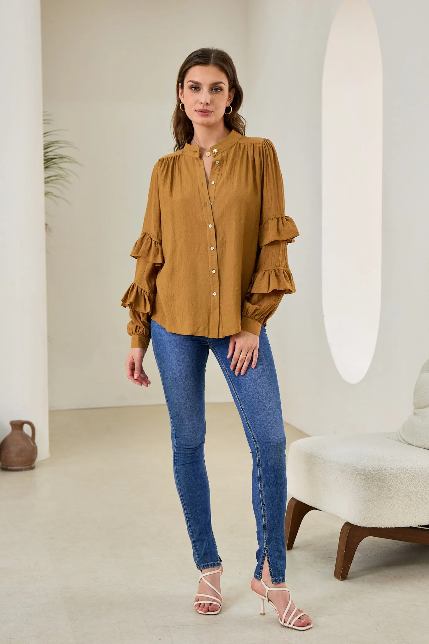 Elissa Tan Brown Ruffle Sleeve Blouse