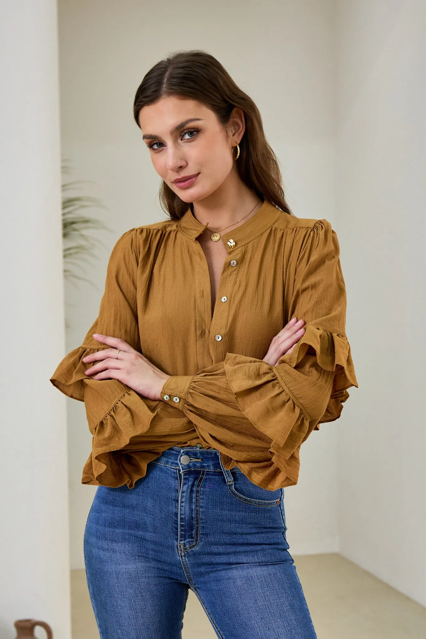 Elissa Tan Brown Ruffle Sleeve Blouse