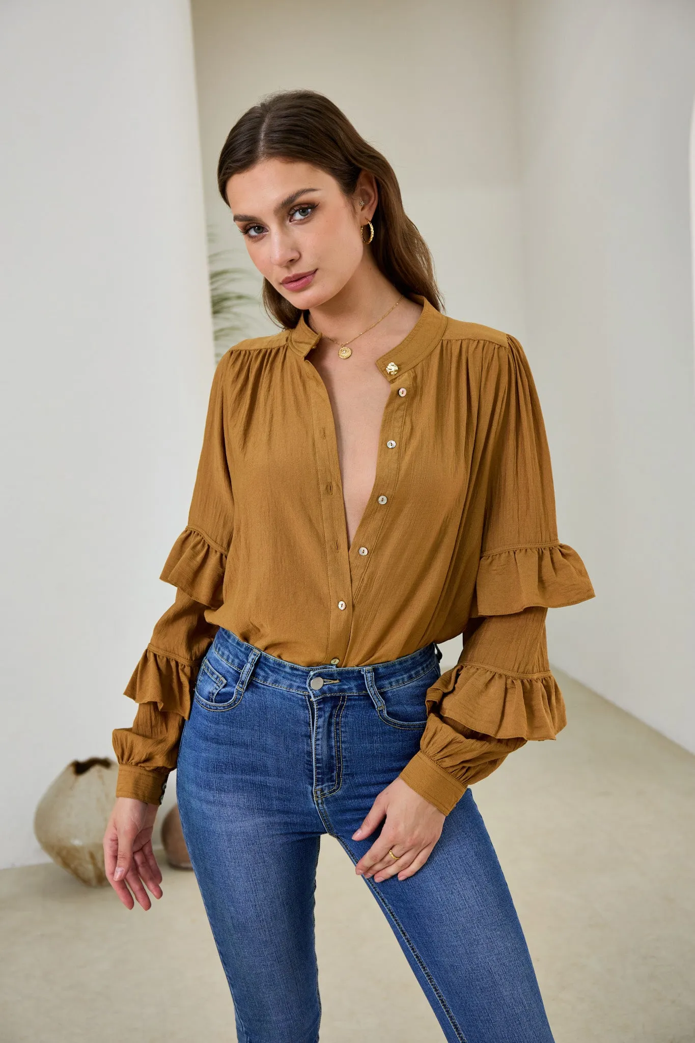 Elissa Tan Brown Ruffle Sleeve Blouse