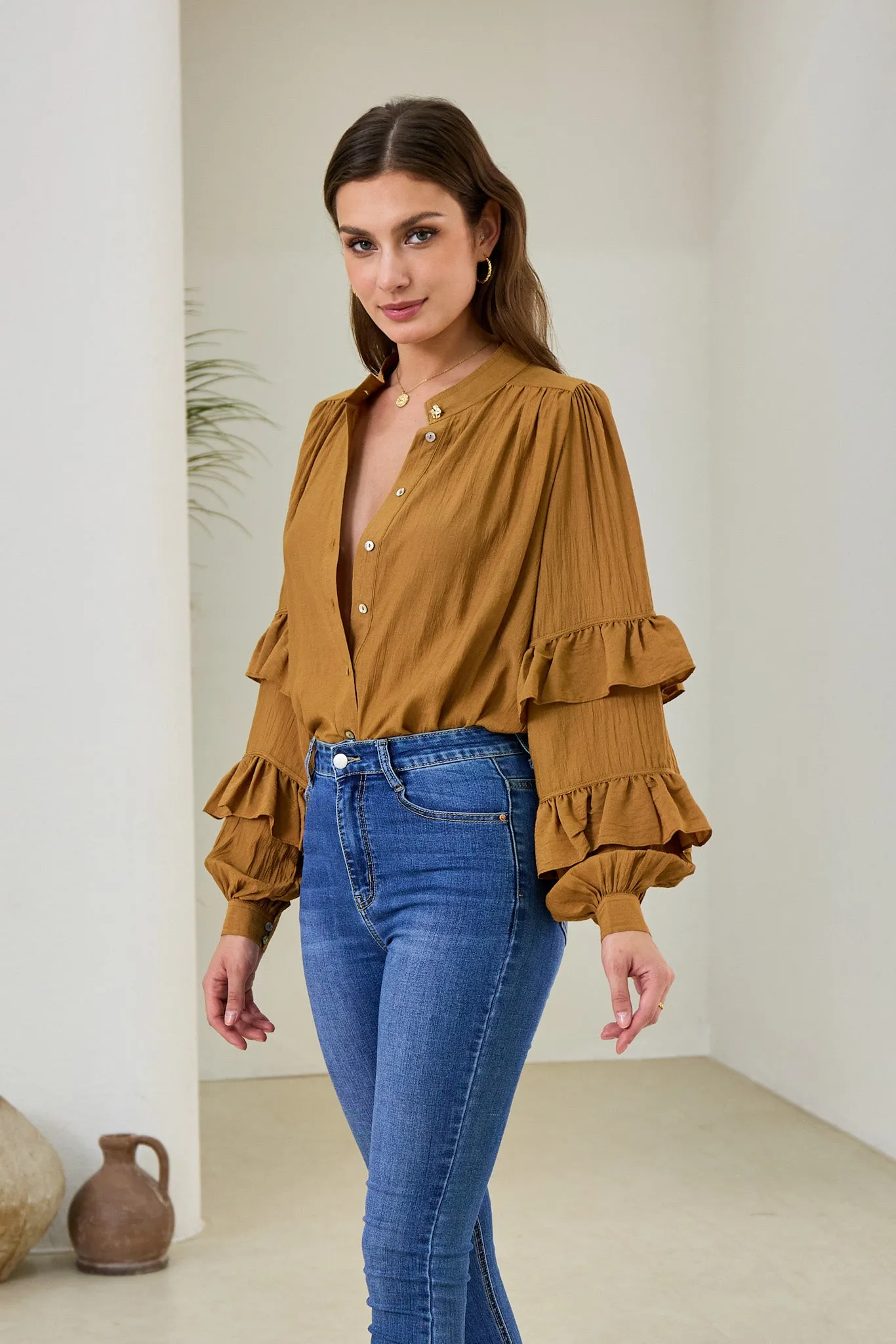 Elissa Tan Brown Ruffle Sleeve Blouse