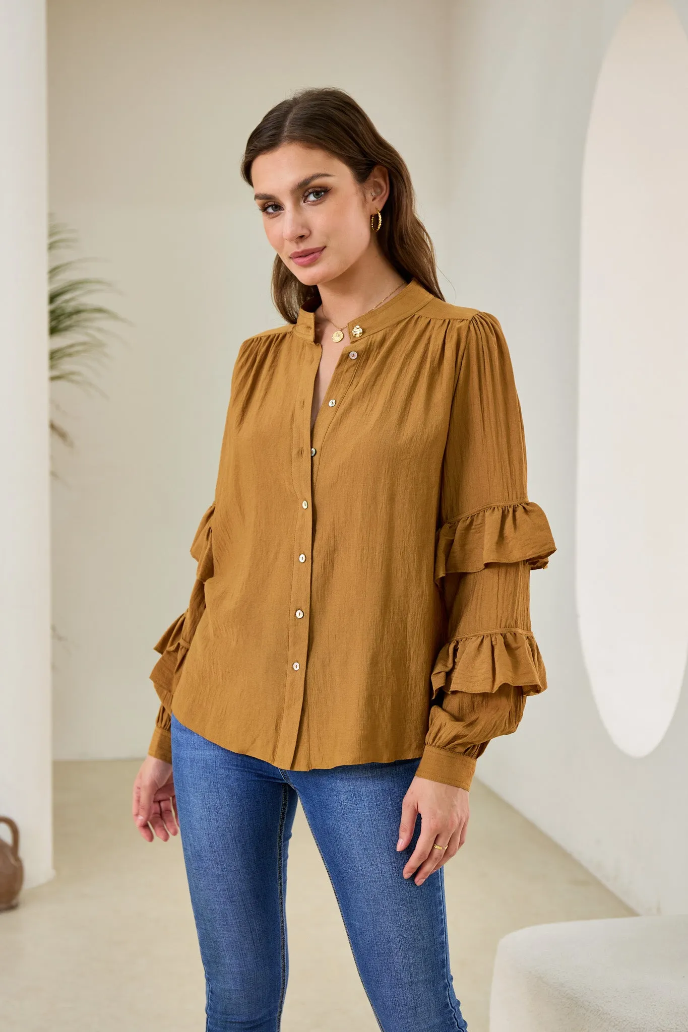 Elissa Tan Brown Ruffle Sleeve Blouse