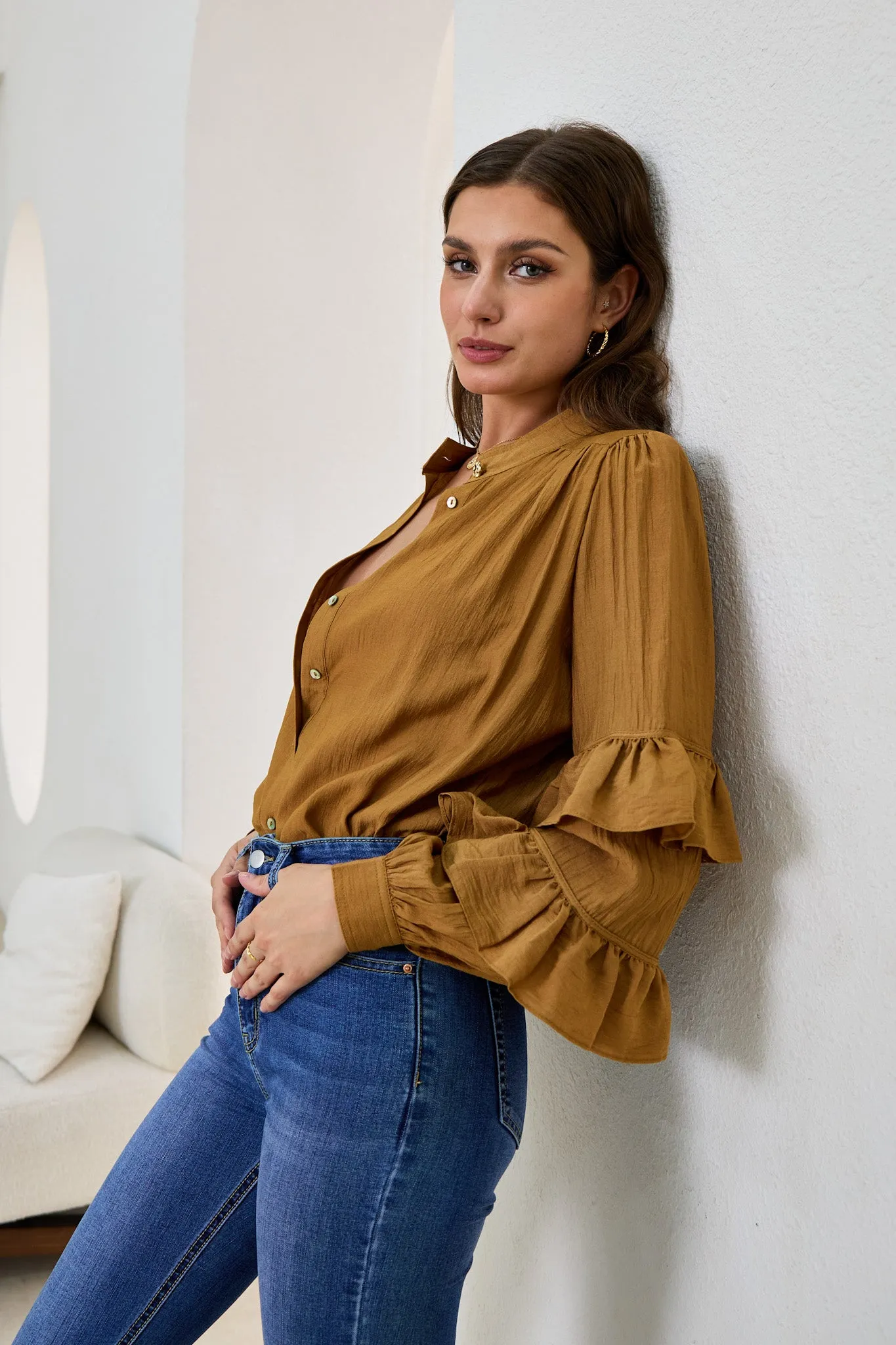 Elissa Tan Brown Ruffle Sleeve Blouse