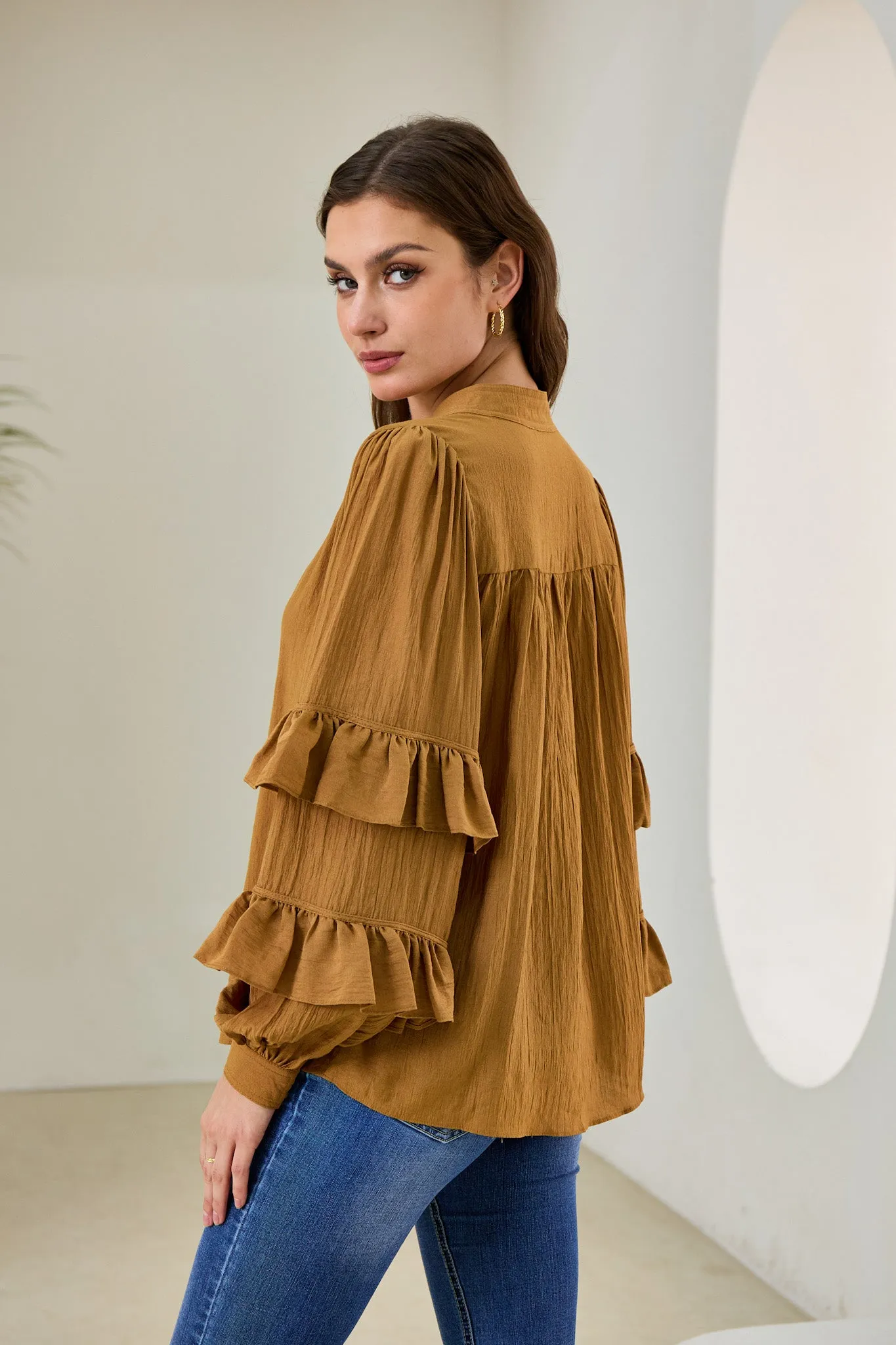 Elissa Tan Brown Ruffle Sleeve Blouse