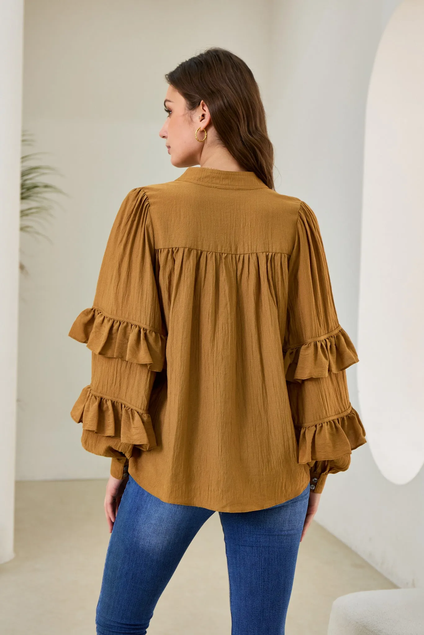 Elissa Tan Brown Ruffle Sleeve Blouse