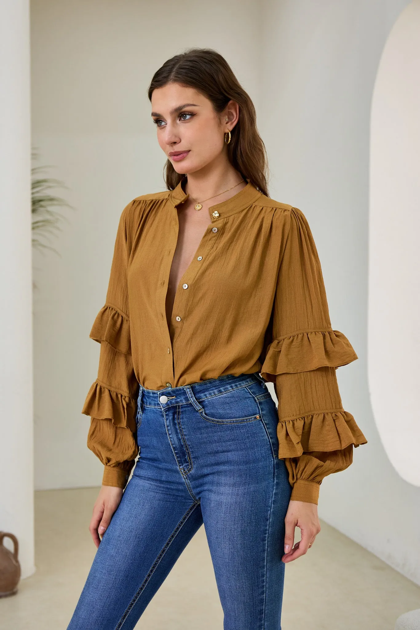 Elissa Tan Brown Ruffle Sleeve Blouse