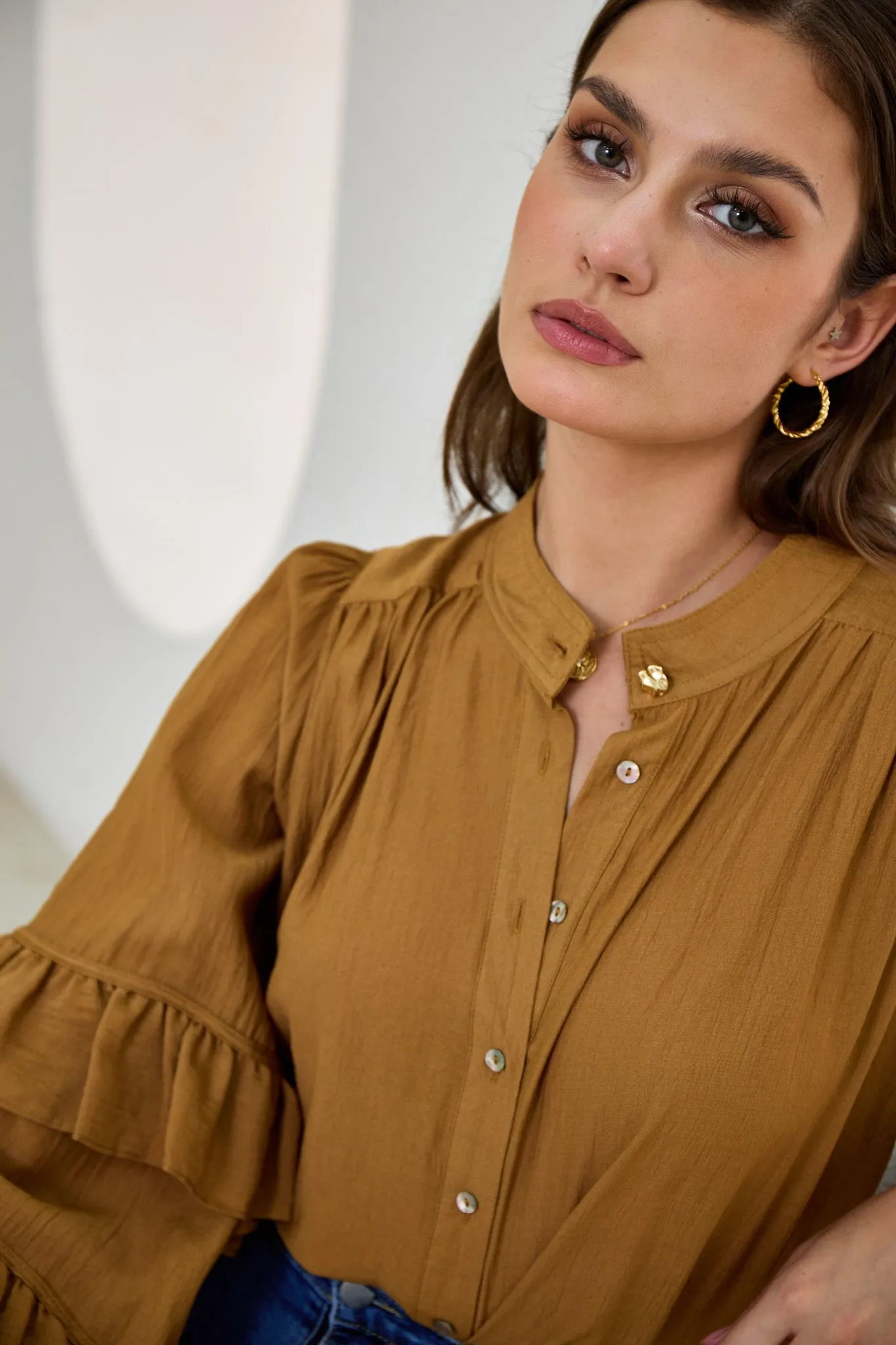 Elissa Tan Brown Ruffle Sleeve Blouse