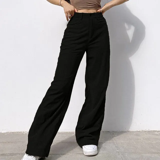 FashionSierra - Women Wide Leg Pants Summer Thin Women Straight Pockets Corduroy Mid Waist Straight Corduroy Leg Pants Trousers Large Size