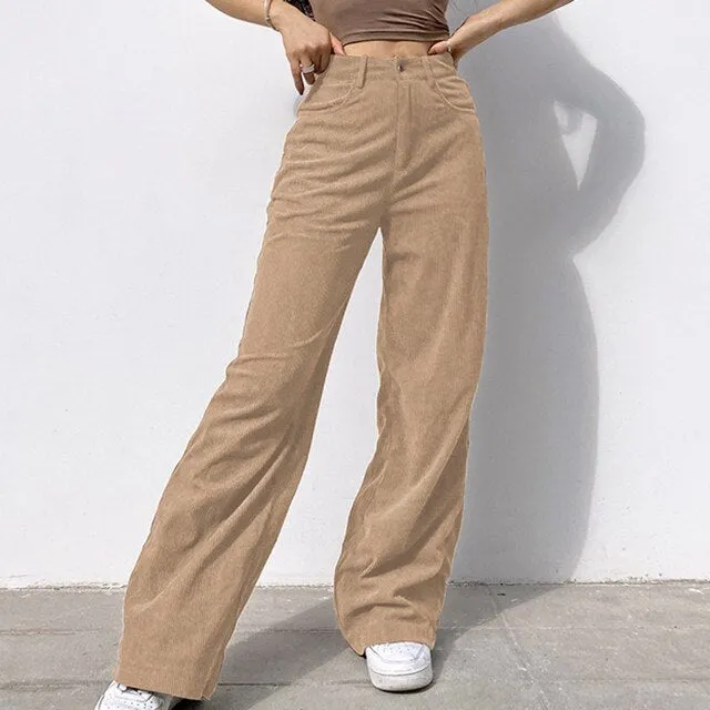 FashionSierra - Women Wide Leg Pants Summer Thin Women Straight Pockets Corduroy Mid Waist Straight Corduroy Leg Pants Trousers Large Size