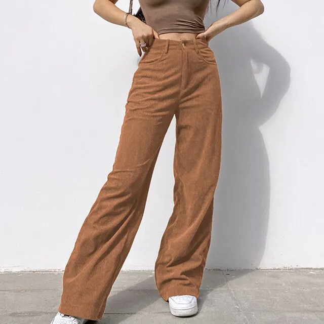 FashionSierra - Women Wide Leg Pants Summer Thin Women Straight Pockets Corduroy Mid Waist Straight Corduroy Leg Pants Trousers Large Size