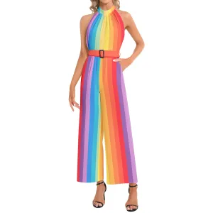 Festive Mist Halter Neck Buckle Belted Jumpsuit