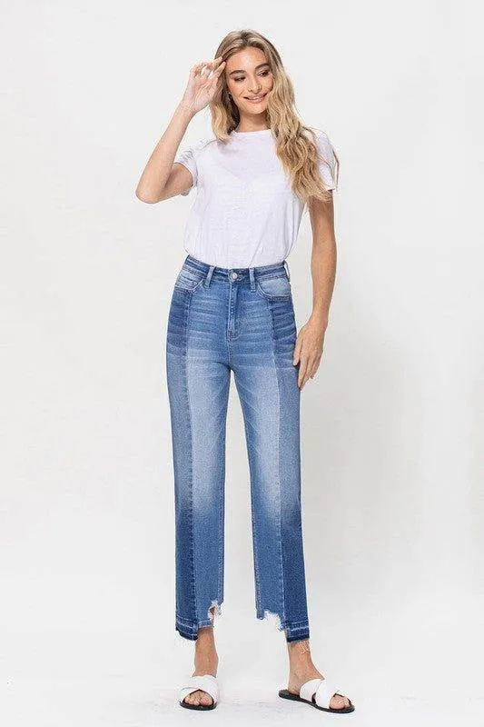 Flying Monkey | Super High Rise Crop Straight Jeans W Contrast And Uneve