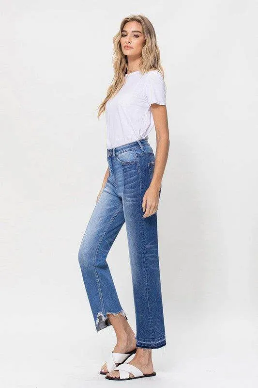 Flying Monkey | Super High Rise Crop Straight Jeans W Contrast And Uneve