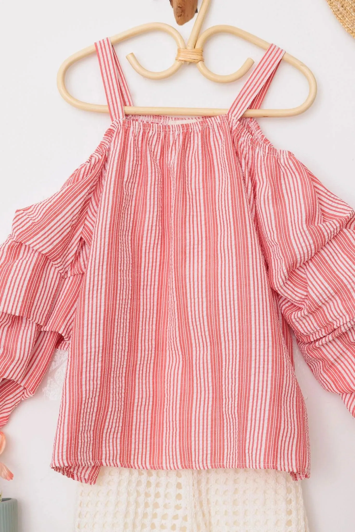 Girls Western Textured Striped Puff Ruffle Cold Shoulder Top