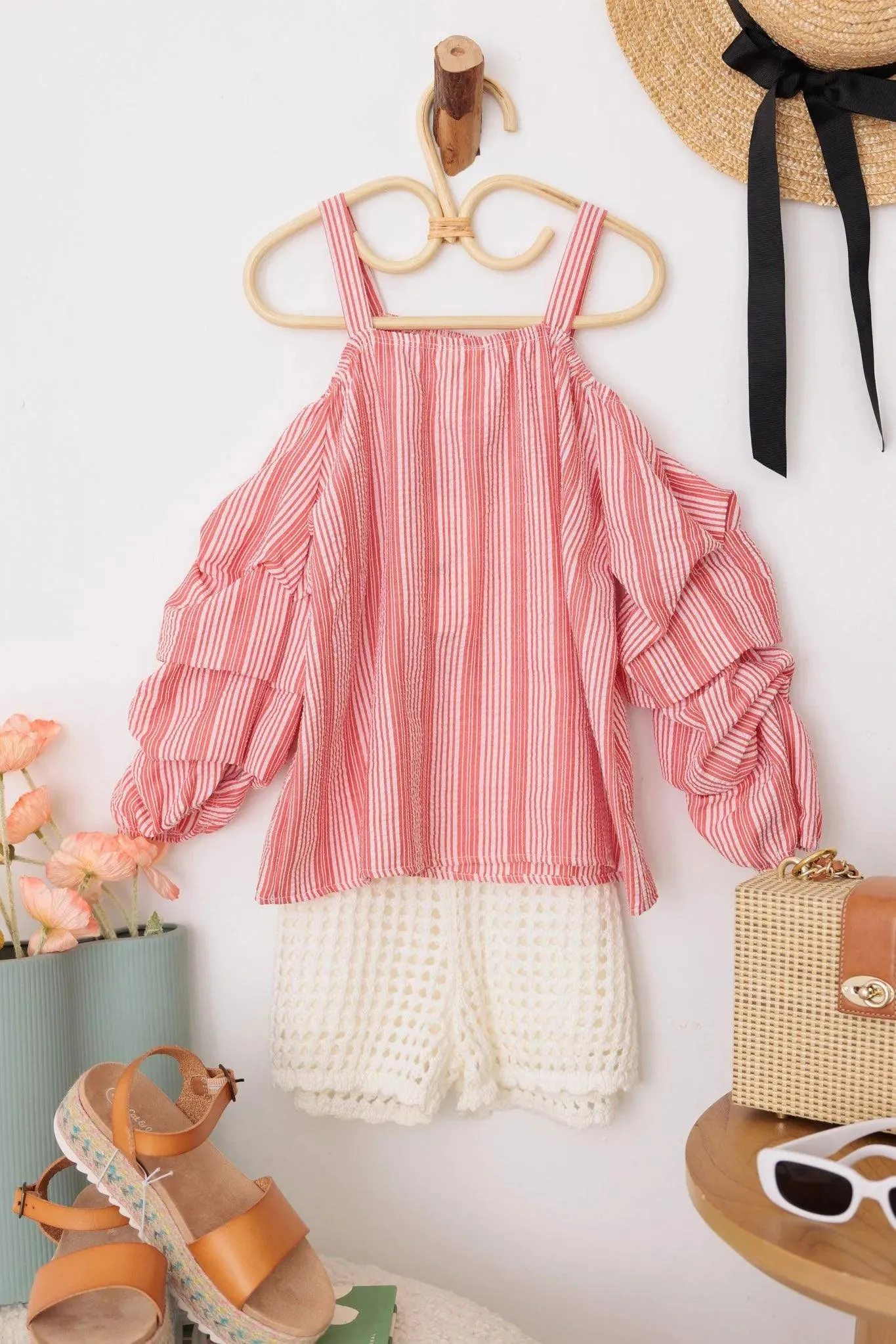 Girls Western Textured Striped Puff Ruffle Cold Shoulder Top