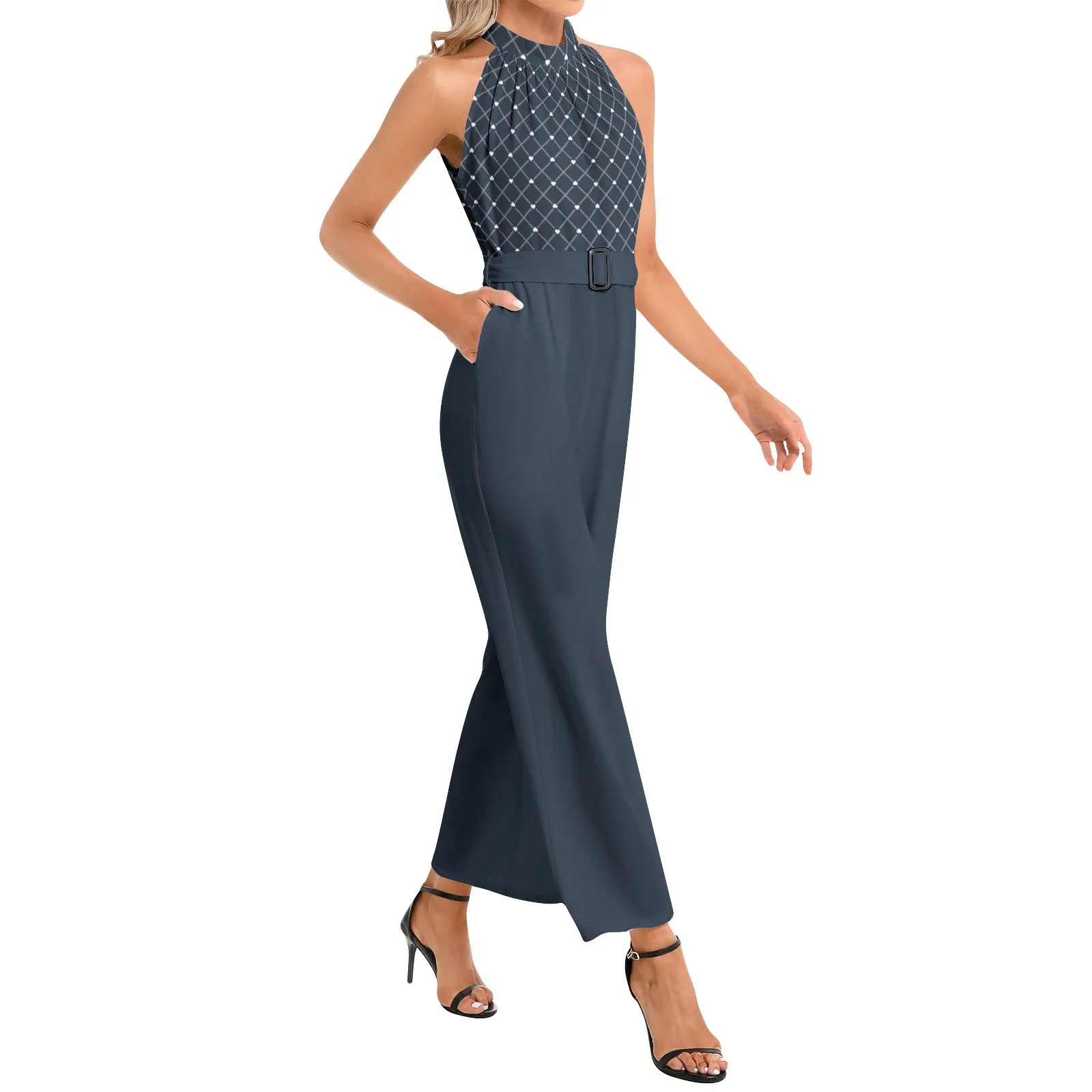 Hearts Halter Neck Buckle Belted Jumpsuit
