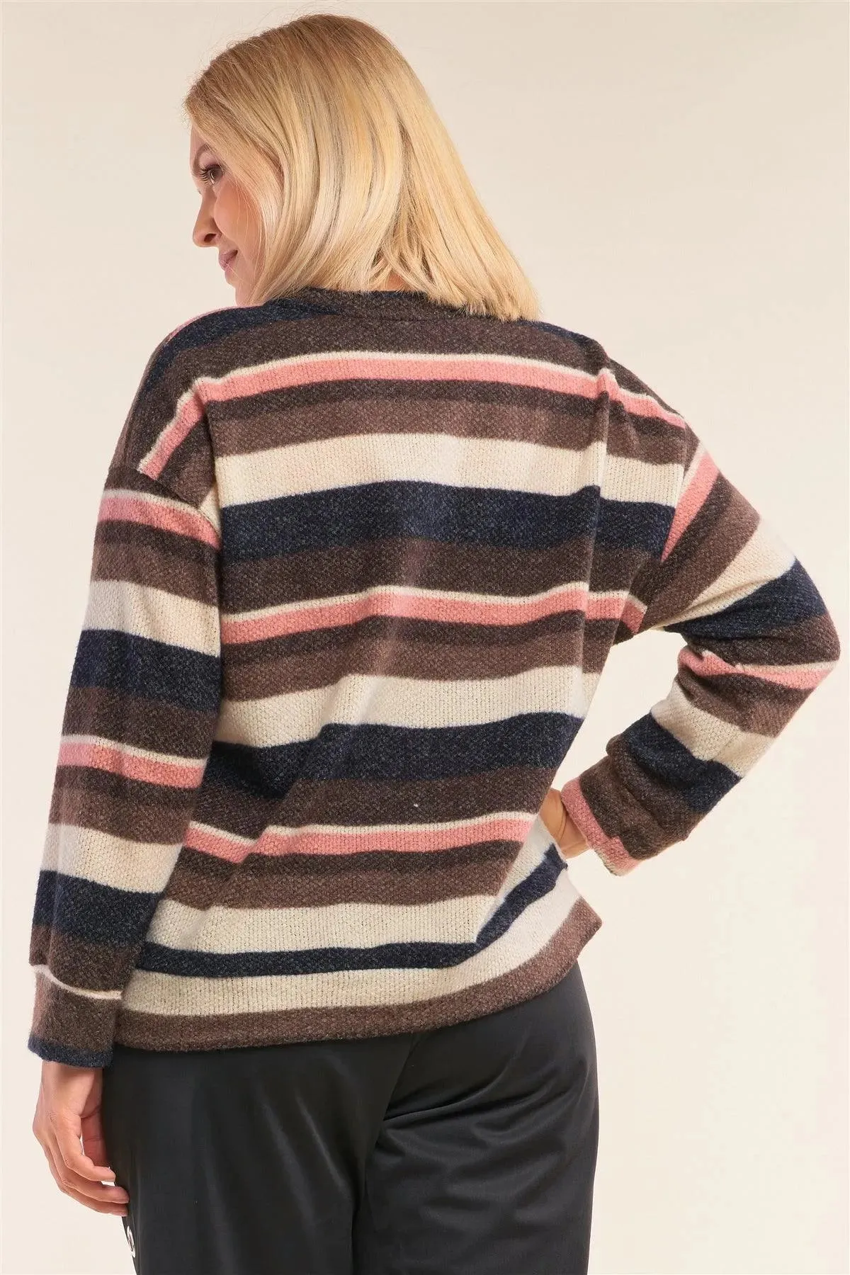 Junior Plus Size Striped Print Relaxed Fit Crew Neck Sweater /2-3-1-1