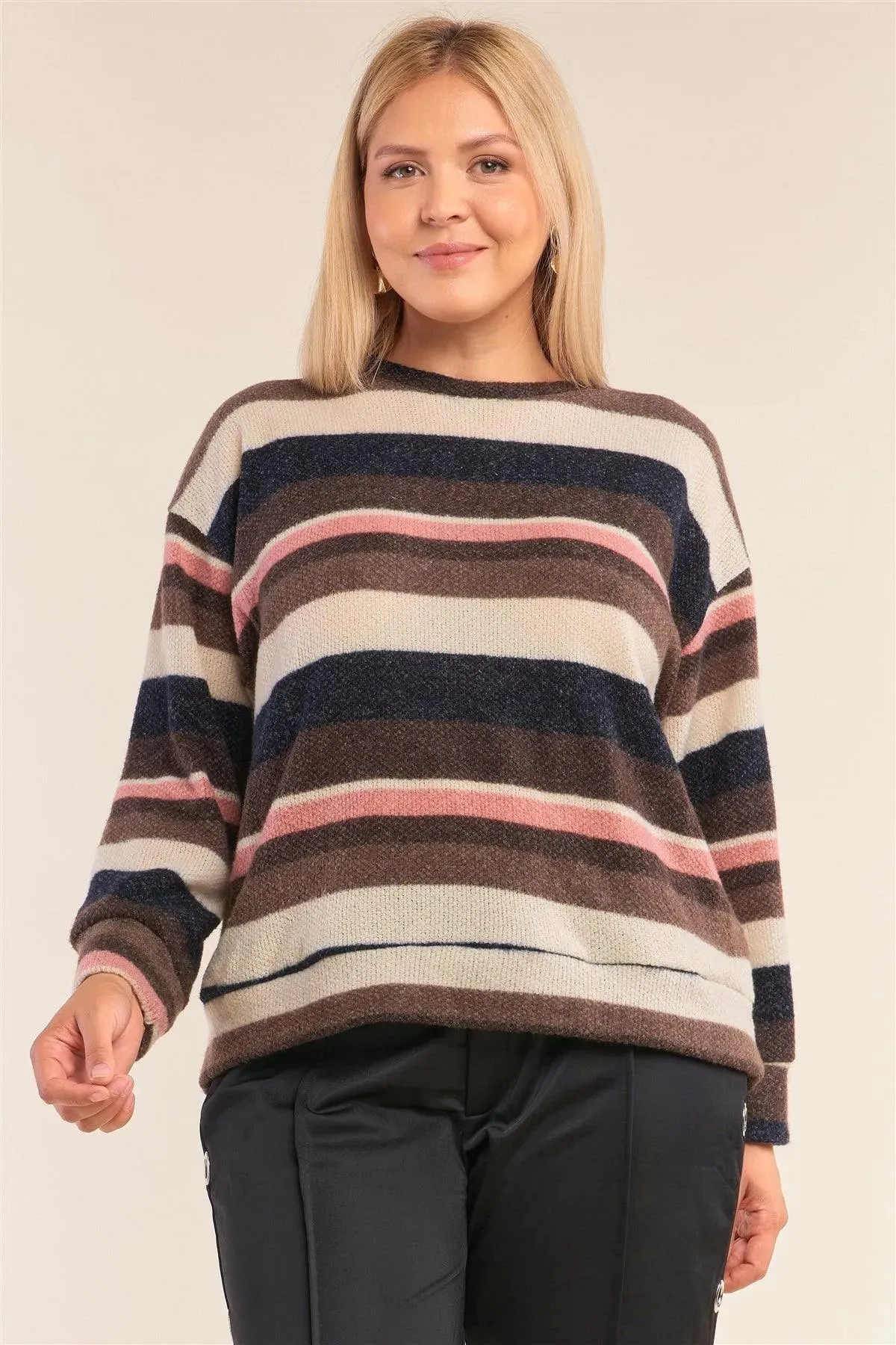Junior Plus Size Striped Print Relaxed Fit Crew Neck Sweater /2-3-1-1