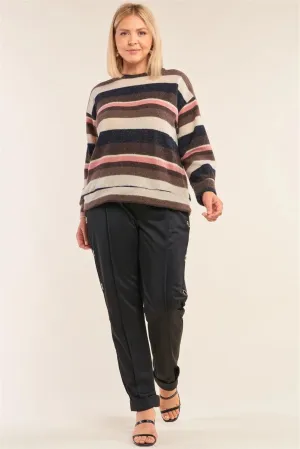 Junior Plus Size Striped Print Relaxed Fit Crew Neck Sweater /2-3-1-1