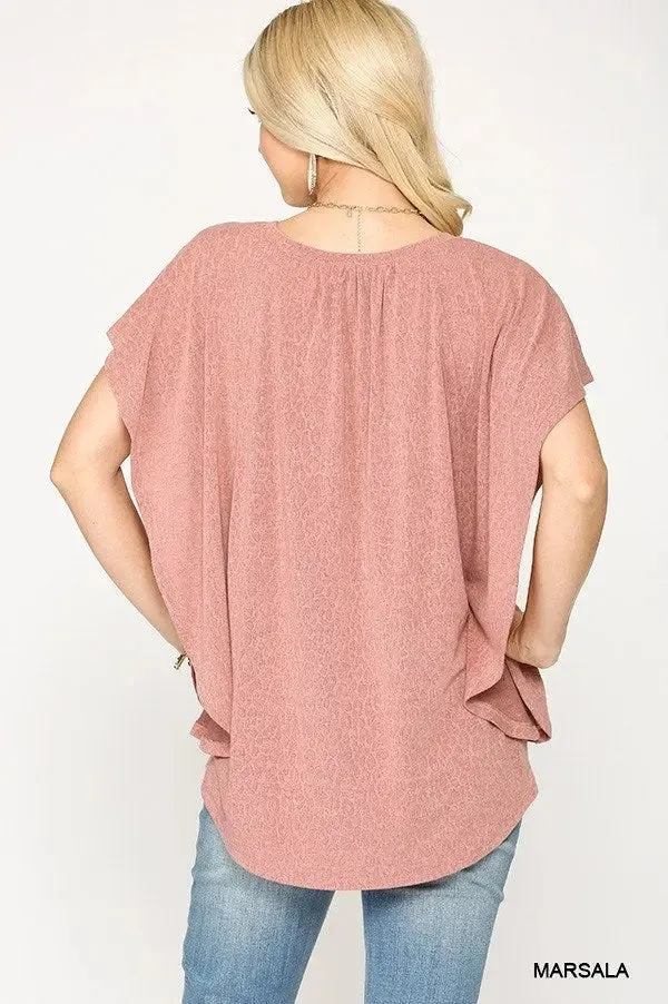 Leopard Jacquard Knit Jersey Top With Front Tie, Ruffled Sleeve