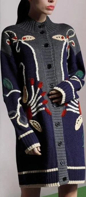 Long Embroidered Wool Knit Cardigan Sweater