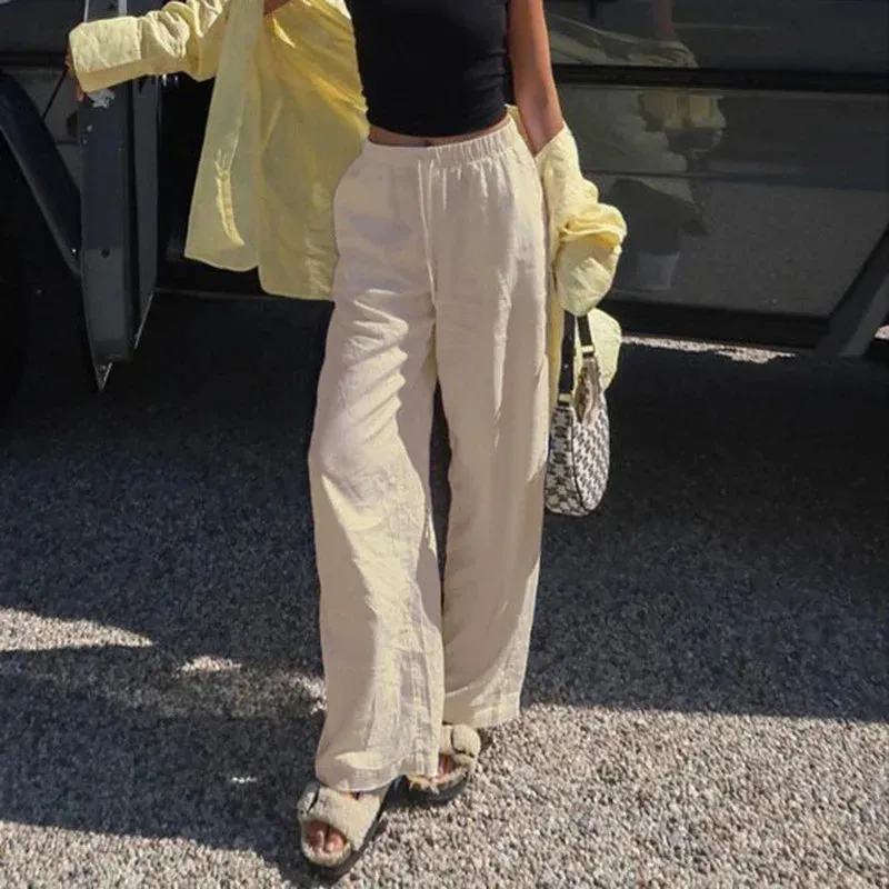 Metaversmall Casual Loose Solid Straight Leg Women Trousers Korean Fashion All-Match Homewear Full Length Pants Bottoms New Capris